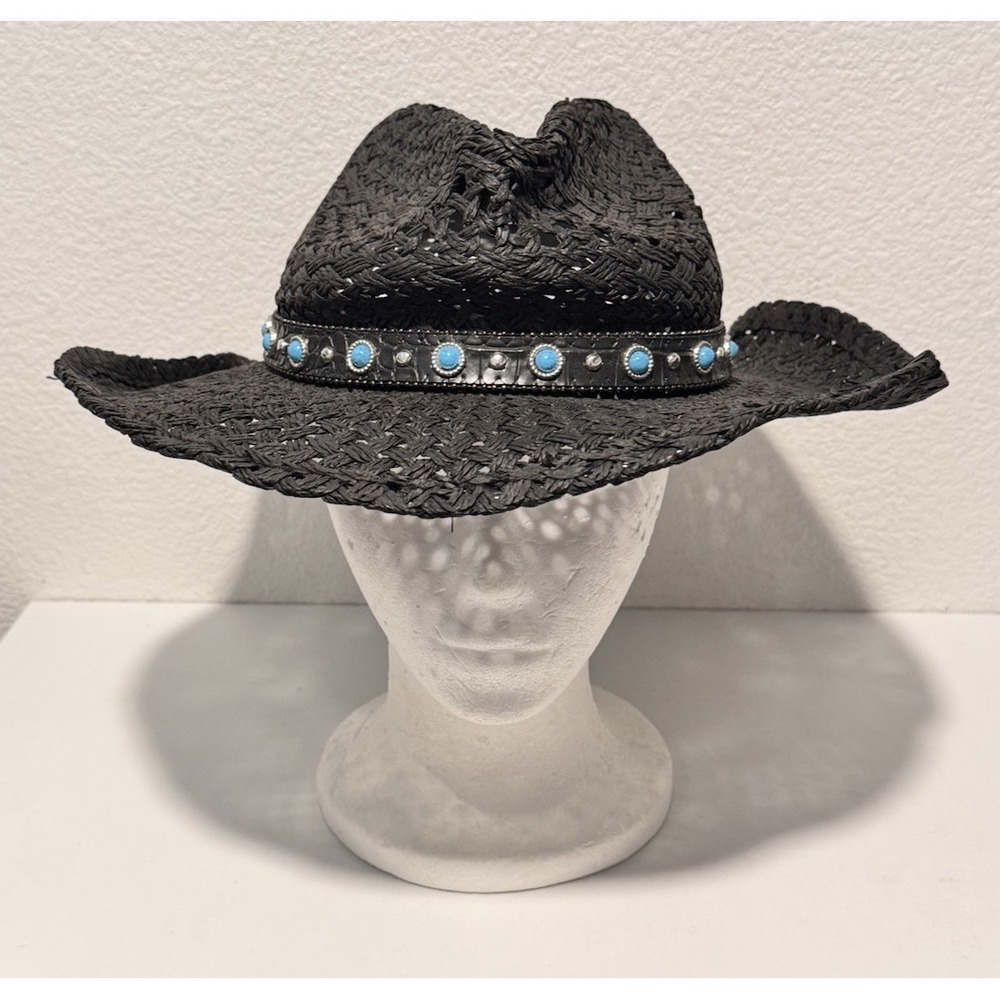 Peter Grimm Womens Straw Cowboy Hat OS Western Black Turquoise Beads Distressed